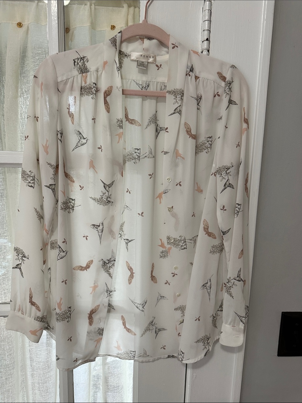 Kenar Cream Sheer Blouse with Peach and Gray Bird Print